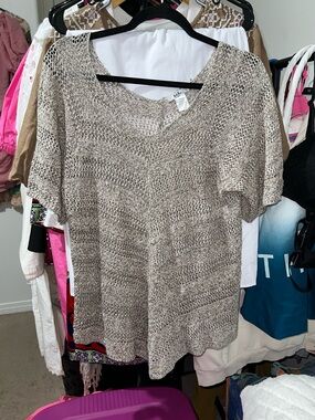 Isela beige With White & Charcoal Grey Open -Weave Scoop Neck  Sweater
